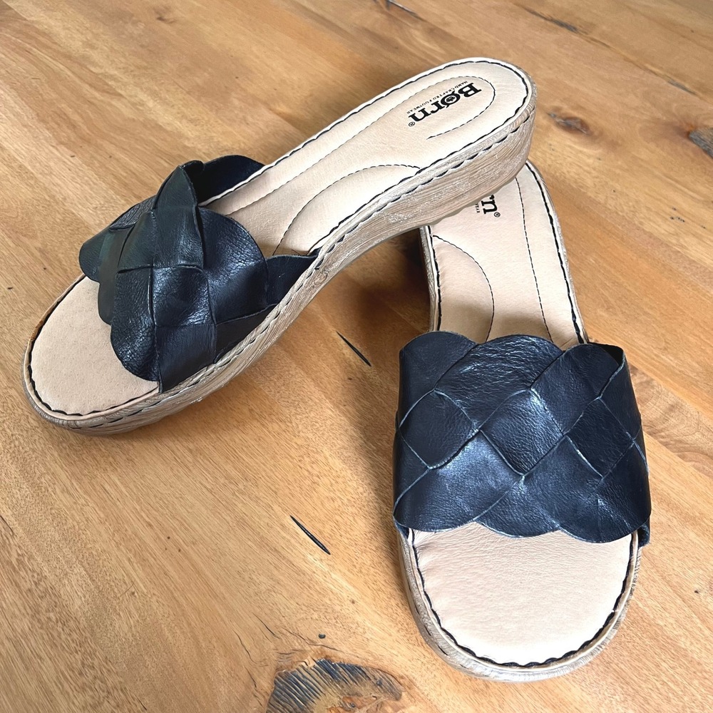 Born Khell Black Leather Braided Slide Sandals Womens 11M BR0049203 Handcrafted